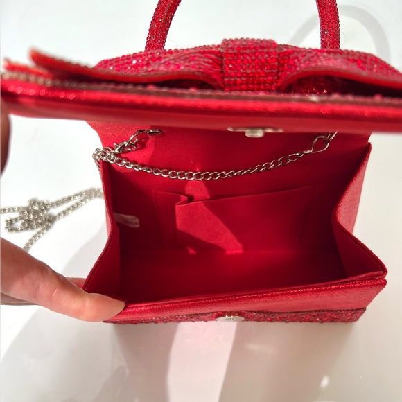 Red Rhinestone Studded Top Handle Large Bow Evening Bag - Picture 9 of 15